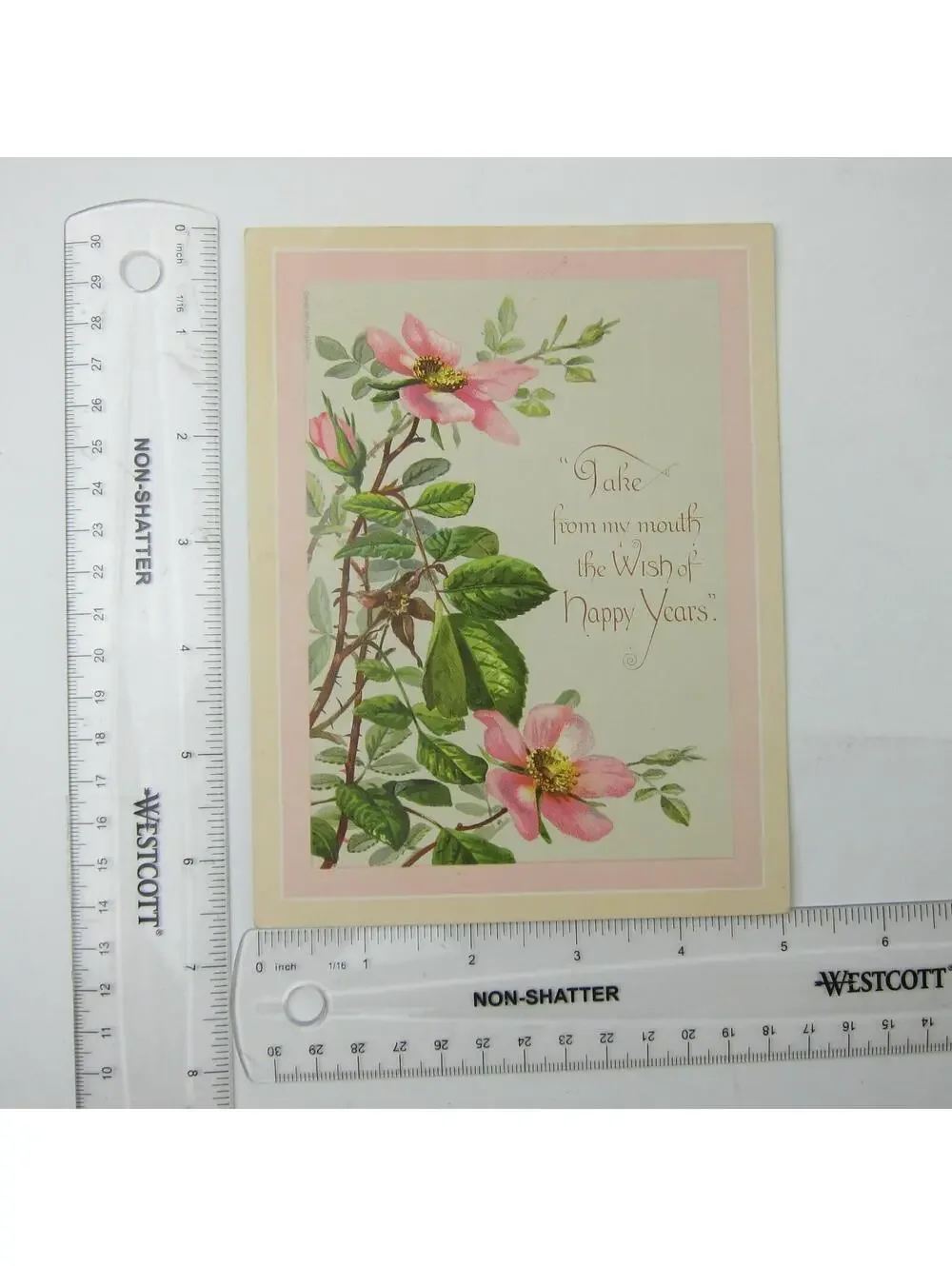 Victorian Greeting Card Pink Flowers Green Leaves Wish of Happy Years Antique